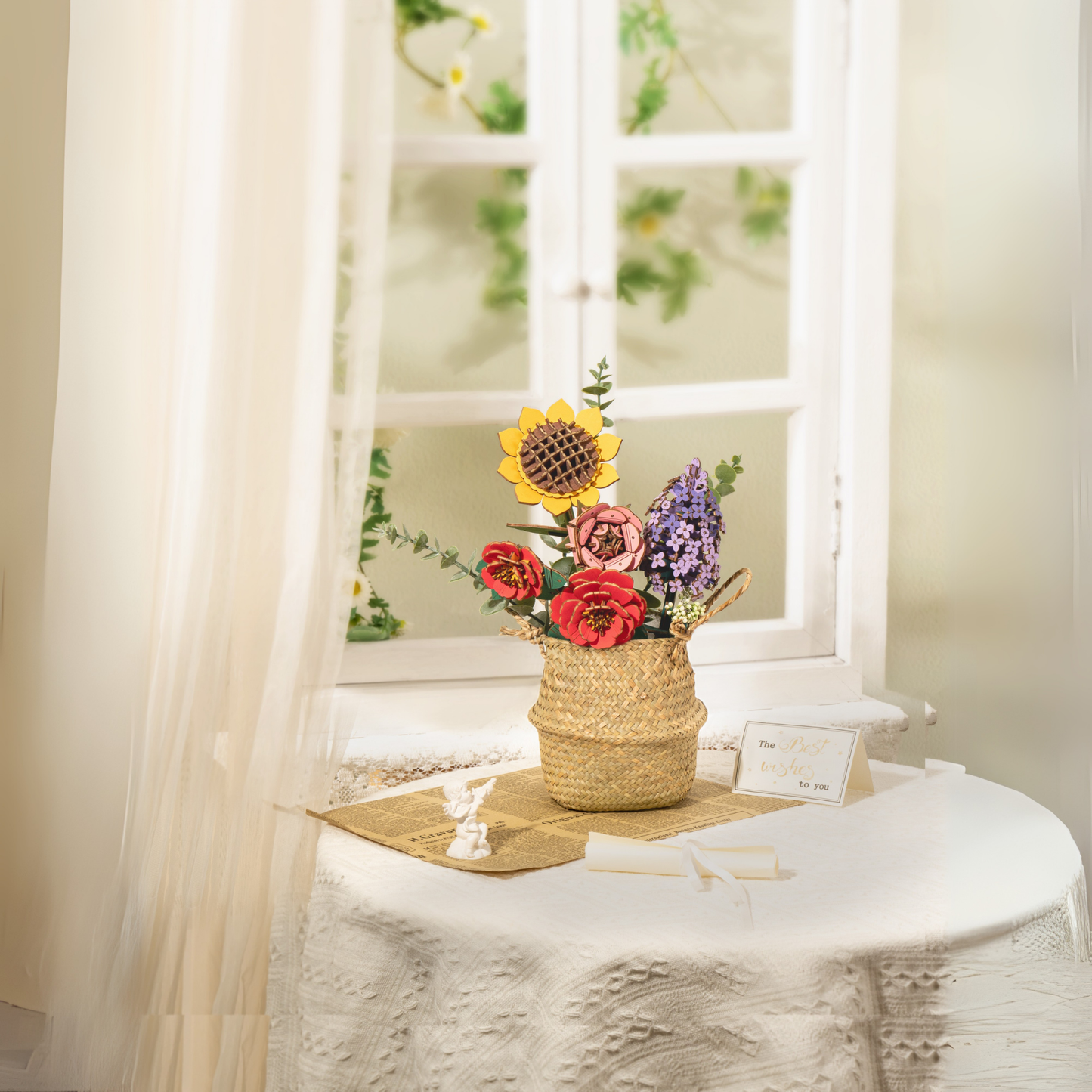 Kır Buketi dekoratif çiçek aranjmanı – güneş çiçeği, kırmızı gül, lavanta ve yapraklarla hazırlanmış el yapımı buket -5