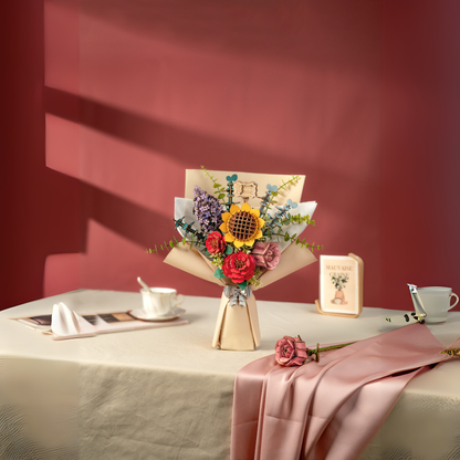 Kır Buketi dekoratif çiçek aranjmanı – güneş çiçeği, kırmızı gül, lavanta ve yapraklarla hazırlanmış el yapımı buket -3