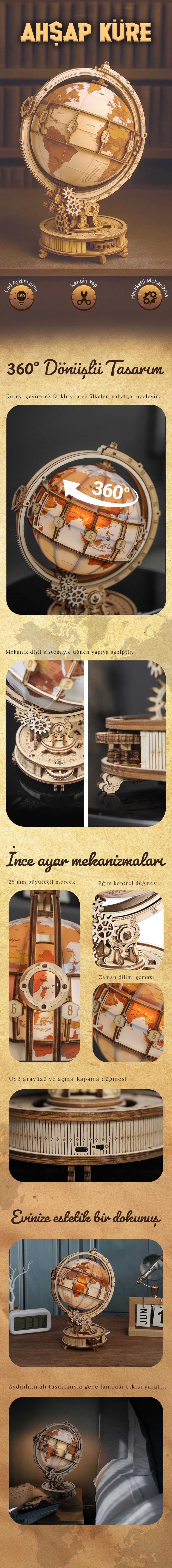 Ahşap Küre – LED Işıklı Dönen 3D Ahşap Maket | NoviHobby