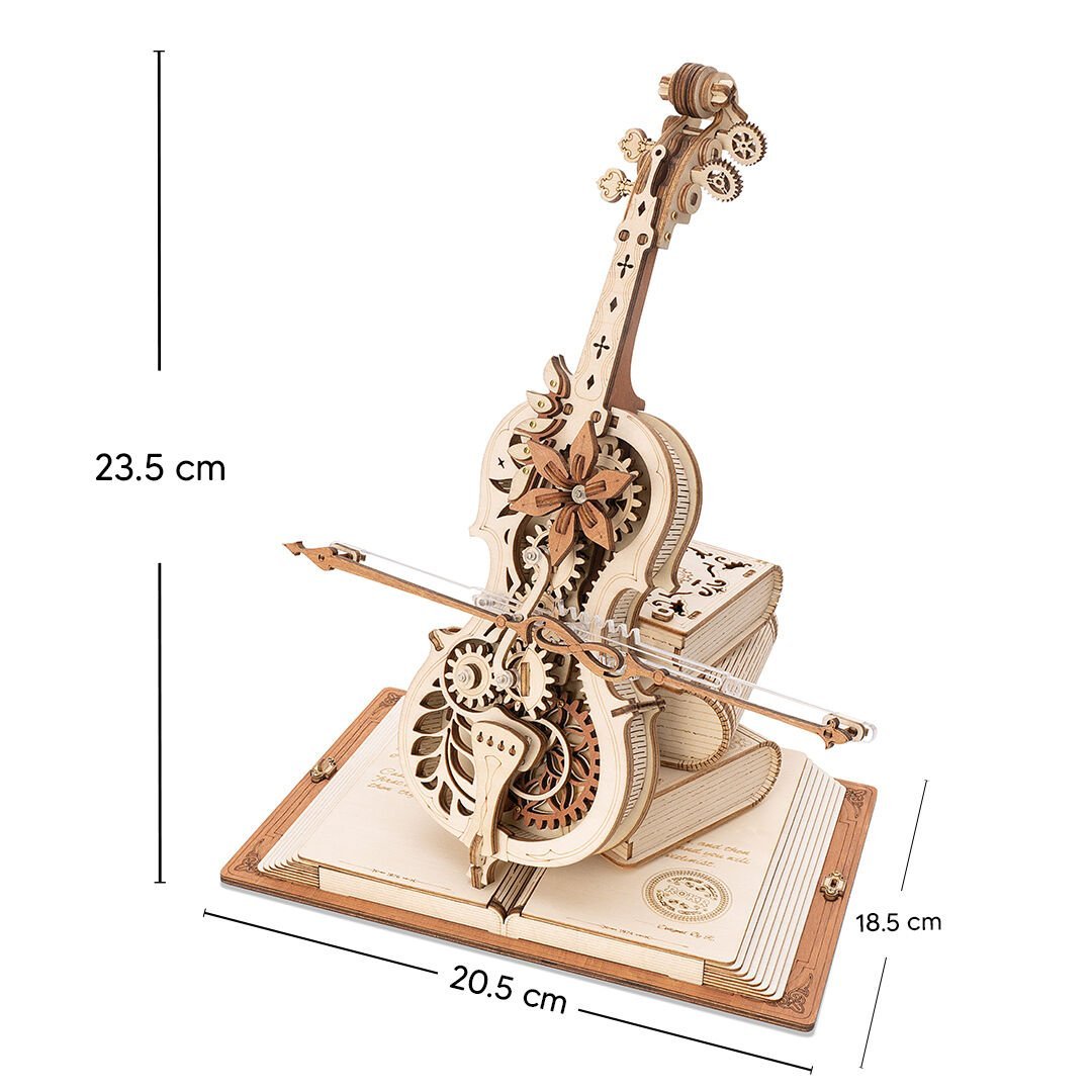 Büyülü Çello detay çekimi – çello gövde, teller ve kemer detayıyla minyatür enstrüman -2