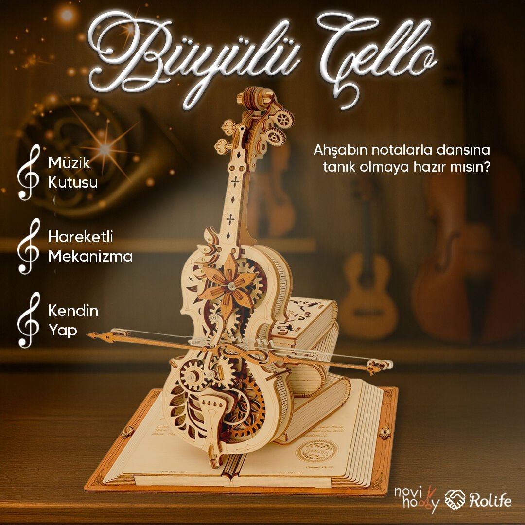 Büyülü Çello detay çekimi – çello gövde, teller ve kemer detayıyla minyatür enstrüman -1