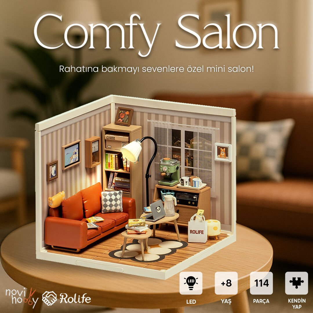 "NoviHobby Comfy Salon dekoratif oyuncak seti – minyatür kanepe ve sehpa ile modern salon atmosferi -1