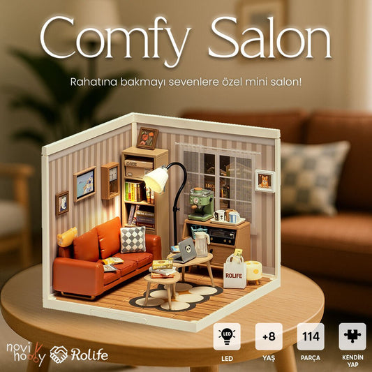 "NoviHobby Comfy Salon dekoratif oyuncak seti – minyatür kanepe ve sehpa ile modern salon atmosferi -1