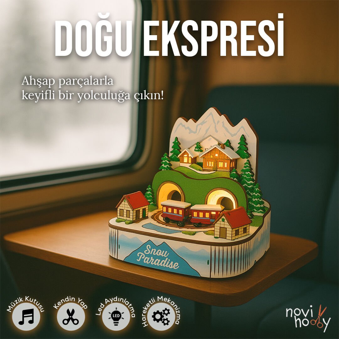 Doğu Ekspresi dekoratif tren maketi – raylar üzerinde klasik vagonlu set ve nostaljik tasarım -1