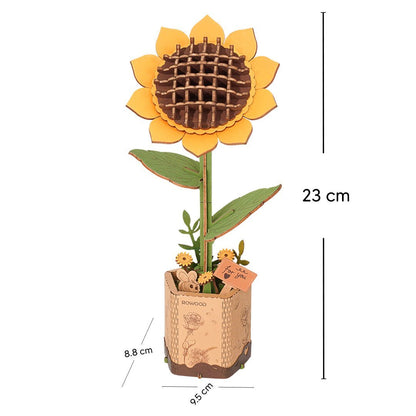 Günebakan minyatür ahşap çiçek aranjmanı – sarı güneş çiçeği, ahşap saksı, küçük bir tavşan figürü ve 'for you' yazılı etiketle masa süsü -2