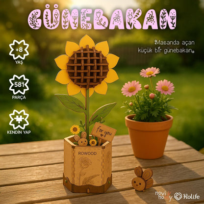 Günebakan minyatür ahşap çiçek aranjmanı – sarı güneş çiçeği, ahşap saksı, küçük bir tavşan figürü ve 'for you' yazılı etiketle masa süsü -1