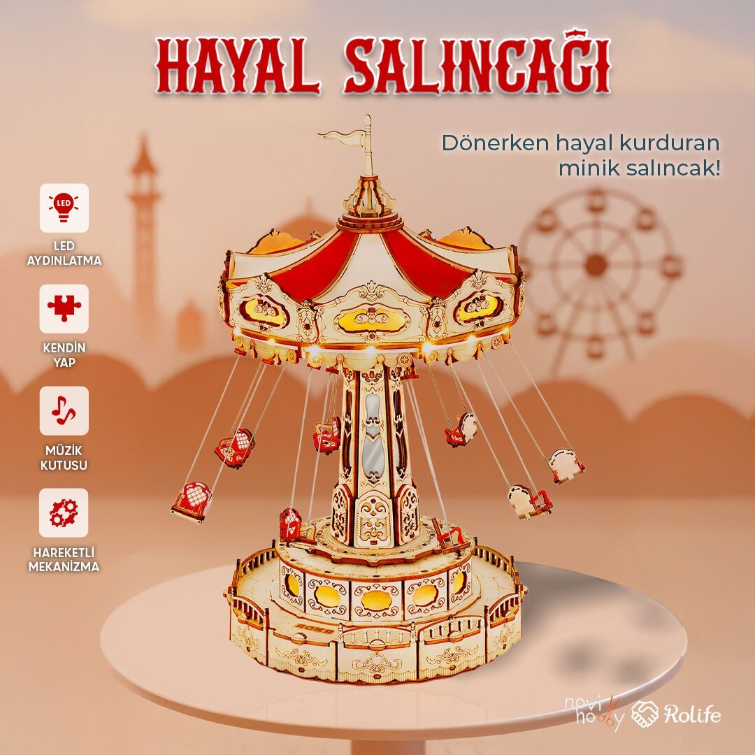 Hayal Salıncağı minyatür model seti – LED ışıklandırma, müzik kutusu ve hareketli mekanizma ile döner mini salıncak -1
