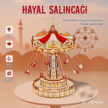 Hayal Salıncağı minyatür model seti – LED ışıklandırma, müzik kutusu ve hareketli mekanizma ile döner mini salıncak -1