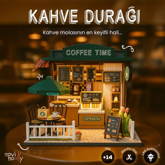 Kahve Durağı minyatür dekor – masa, sandalye ve aksesuarlarla tamamlanmış ev içi kahve köşesi -1
