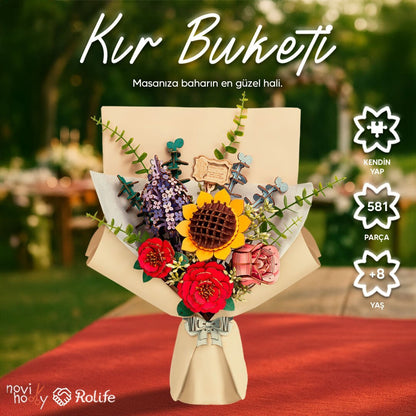 Kır Buketi dekoratif çiçek aranjmanı – güneş çiçeği, kırmızı gül, lavanta ve yapraklarla hazırlanmış el yapımı buket -1