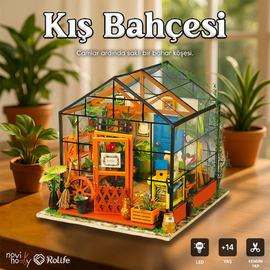 Kış Bahçesi seti ön görünüş – cam duvarlar, bitkiler ve dekoratif mobilyalar ile minyatür ev içi kış bahçesi -1