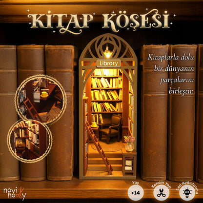 Kitap Köşesi minyatür ev aksesuarı – dekoratif kitaplar ve koltuk detayıyla okuma alanı modelleme -1