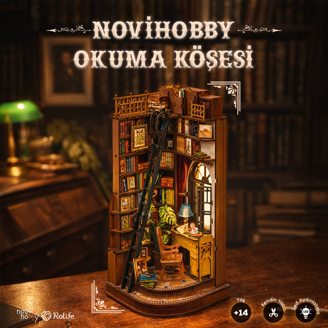 NoviHobby  Okuma Köşesi | Led Işıklı Minyatür Kitaplık Maketi Seti | Booknook | Rolife (Silent Corner Study)