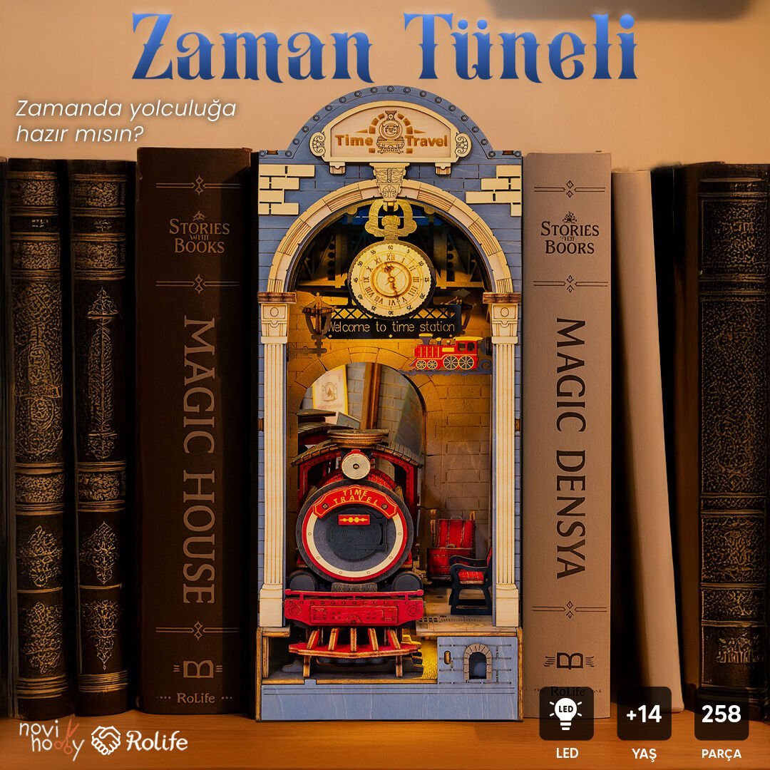 Zaman Tüneli seti detaylı – kırmızı trenin geçtiği taş tünel ve klasik saat tasarımı -1