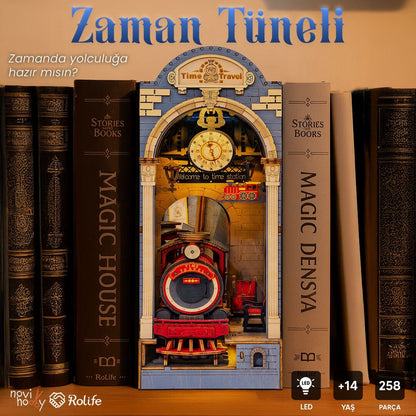 Zaman Tüneli seti detaylı – kırmızı trenin geçtiği taş tünel ve klasik saat tasarımı -1